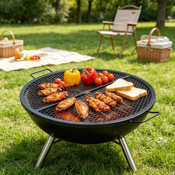 36 Inch Foldable Round Cooking Grate, with Handle & X Wire Support, Portable Campfire BBQ Grill Grid, Black