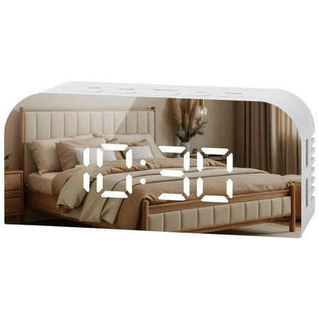 Unique Bargains LED Alarm Clock White Housing and Silver Mirror 5.5L x 1.36W x 2.4H