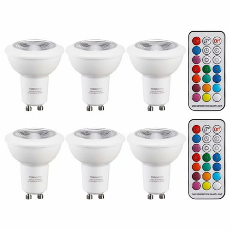 Gu10 Fluorescent Bulbs - TORCHSTAR 3W Dimmable Color Changing Spotlight Bulb, GU10 LED Bulbs, RGB + 2700K Soft White Mood Light Bulbs with 2 IR Remotes, Timing and Memory, for Decorative, Accent Lighting, Pack of 6