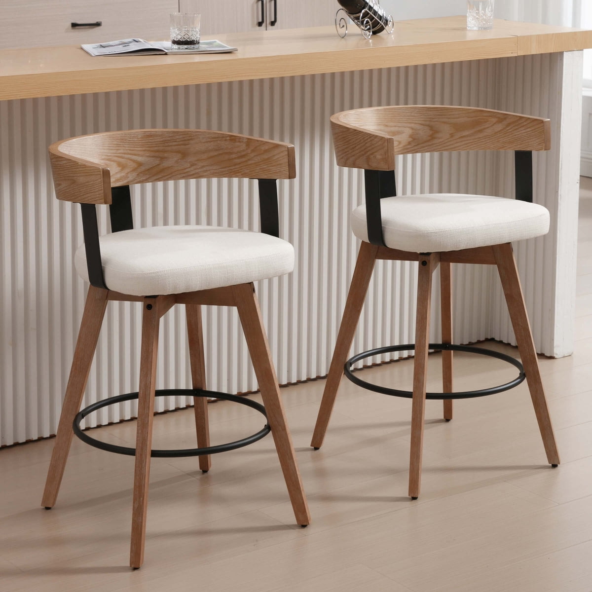 Guyou Modern Linen Upholstered 360-Degree Swivel Bar Stool Set of 2,26" Counter Height with Footrest & Backrest,Ideal for Kitchen Island & Home Bar, White
