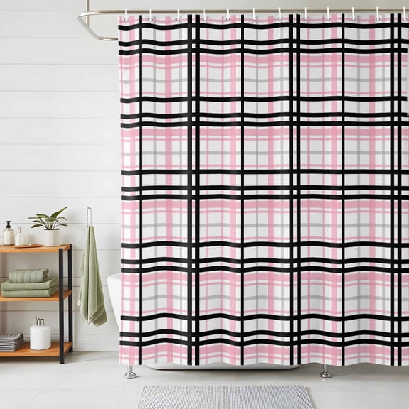 Shower Curtains for Bathroom, Pink Black Plaid Waterproof Fabric Shower Curtain, Farmhouse Pink Black Checkered Decorative Bathroom Curtain for Bathtub, 72"x72", No Hooks Included