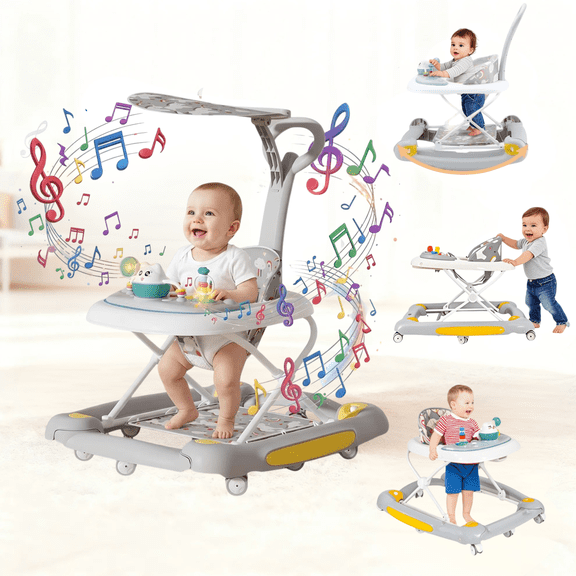 DuoBao Baby Walker, 6-in-1 Baby Walkers for Boys & Girls with Bouncer, Removable Footrest, Feeding Tray & Music, Foldable & Adjustable Activity Walker for 6-18 Months Toddler Infant