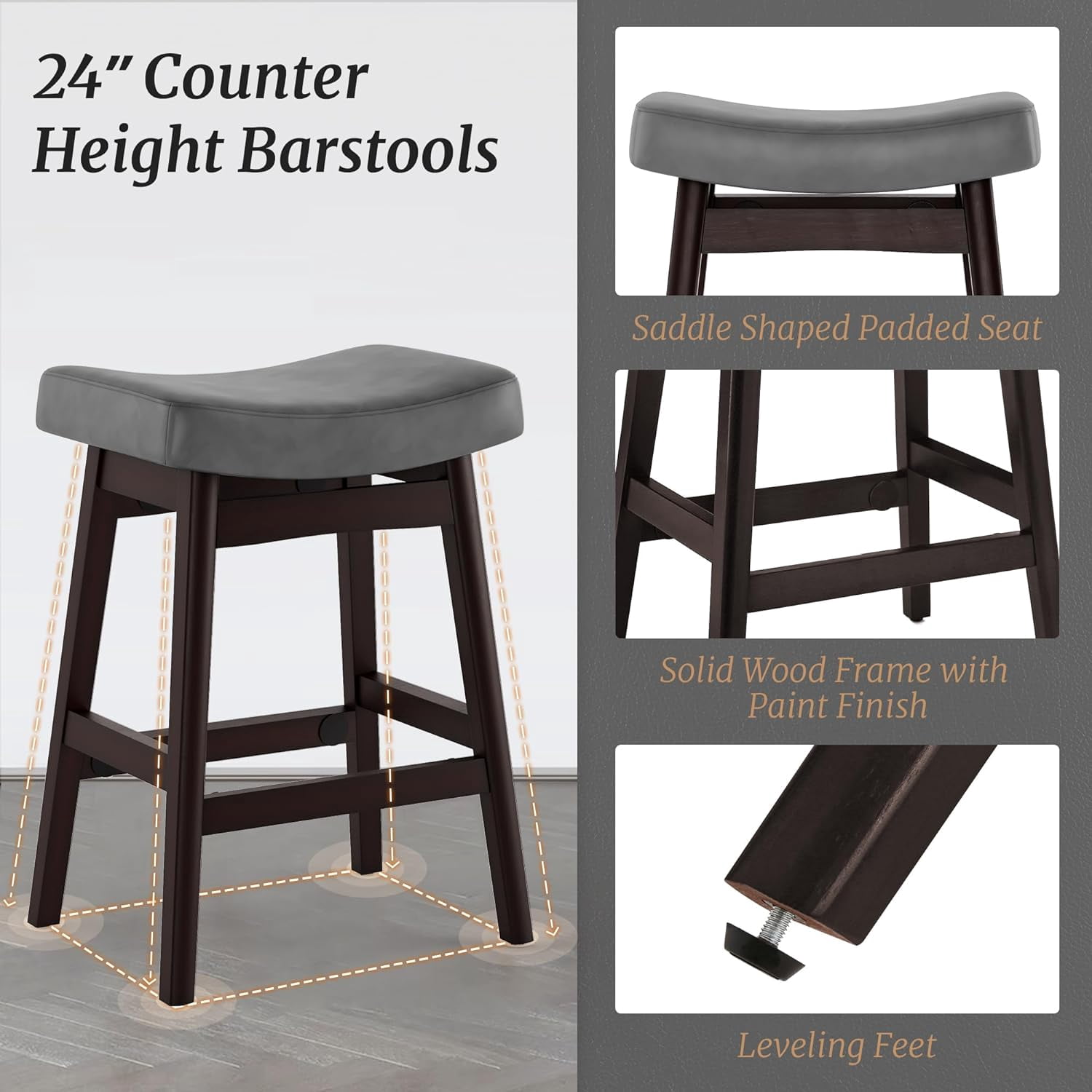 Dycanpo Saddle Seat Counter Height Bar Stools Set of 4 for Kitchen Counter, Dining, 24in, Dark Gray