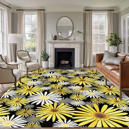 Large Area Rugs for Living Room Bedroom Farmhouse Daisy 6 x9 Rug Washable Carpet Runner Indoor Outdoor Spring Watercolor Yellow White Floral Non Slip Floor Mats Rug for Kitchen Playroom
