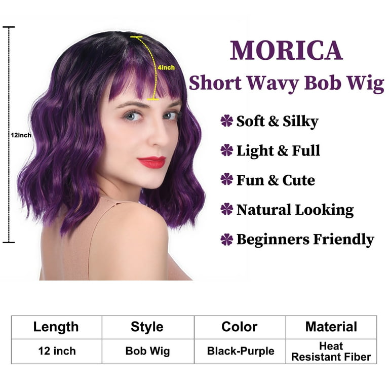 MORICA Curly Bob Wig with Bangs 12 inch Short Wavy Black Purple