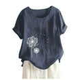 thumbnail image 2 of Blue Women's Short Sleeve T-shirt, Women'S Cotton Linen Shirts Summer Casual Boho Floral Short Sleeve Blouse Oversized Loose Ladies Tunic Tops,Women's Short sleeve T-shirt XXL, 2 of 6