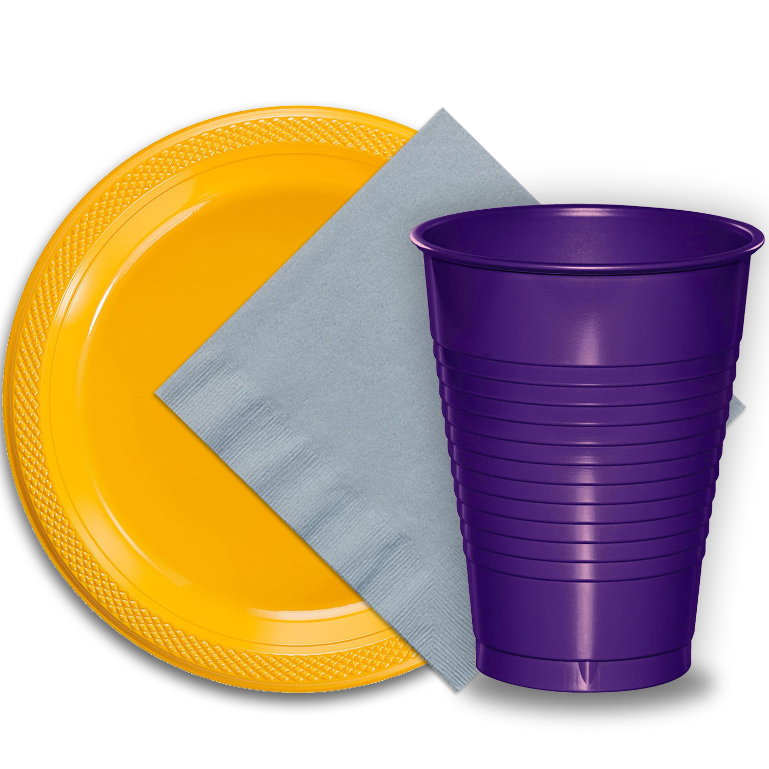 50 Yellow Plastic Plates (9"), 50 Purple Plastic Cups (12 oz.), and 50