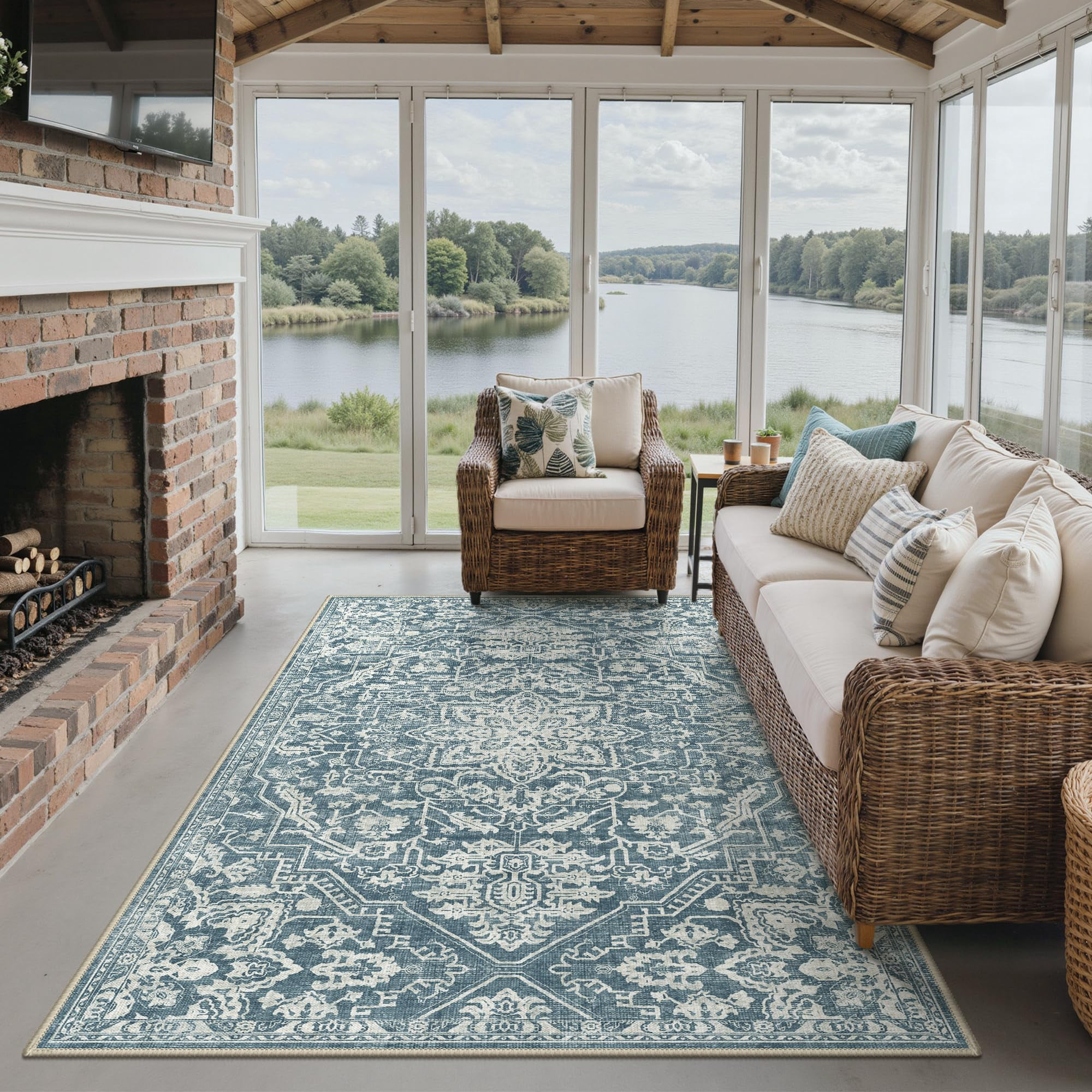 Outdoor & Indoor Area Rug 8'x10'  Waterproof Non-shedding Easy Cleaning Boho Front Door Mat For Patio Entryway Porch Living Room Bedroom Bathroom Outside Carpet Aqua Green
