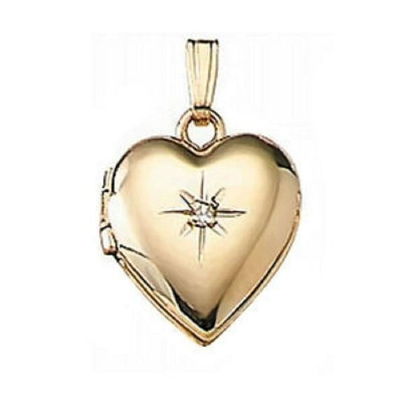 Solid 14K Yellow Gold Heart Locket with Diamond - 1/2 Inch X 1/2 Inch Solid 14K Yellow Gold