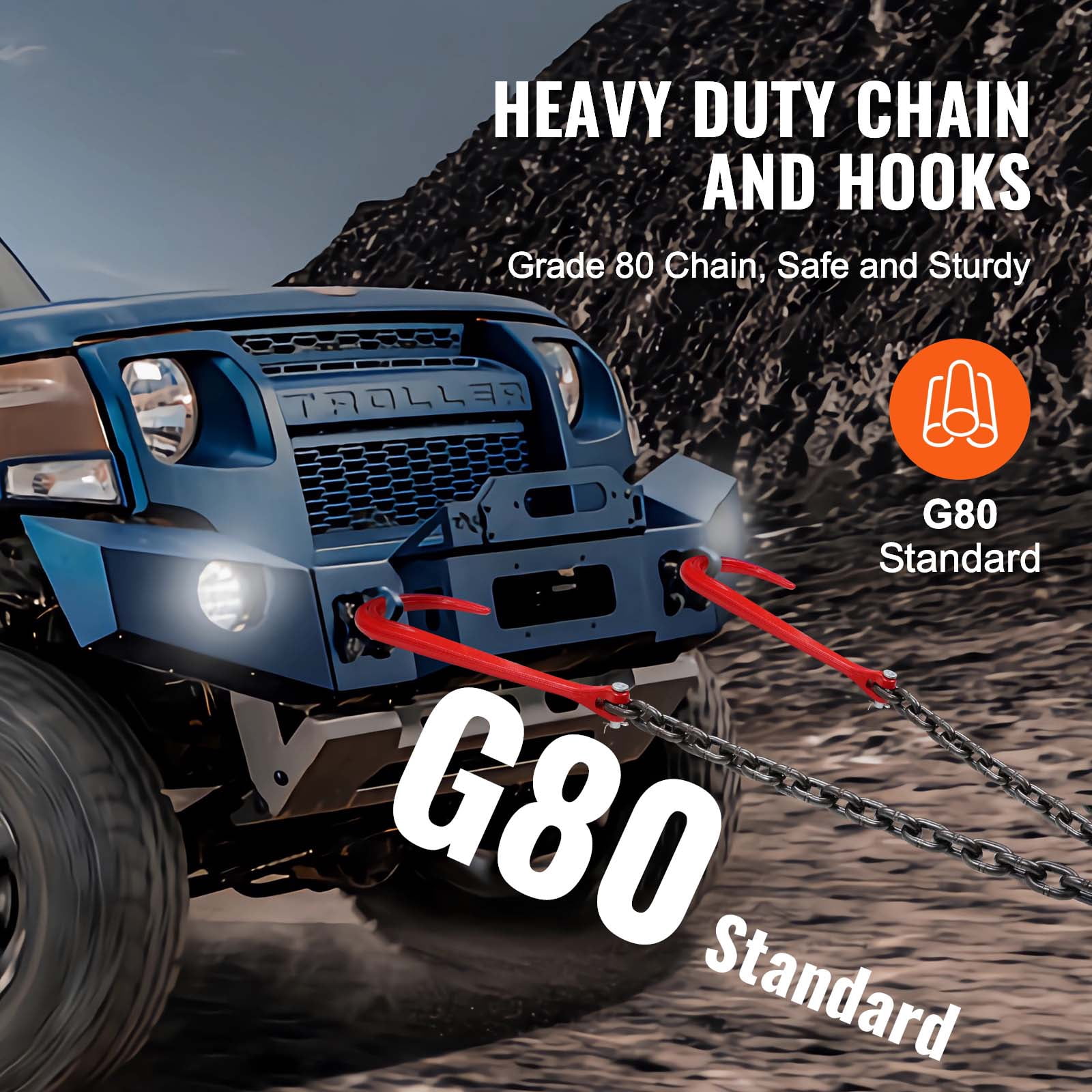 KFFKFF G80 V-Style Chain, 3/8" x 3' Bridle Chain with 15" J Hooks & Grab Hooks, Robust Transport Towing Chain Bridle with 7800 lbs Safe Load Capacity, Ideal for Flatbed Trailer Wrecker Salvage