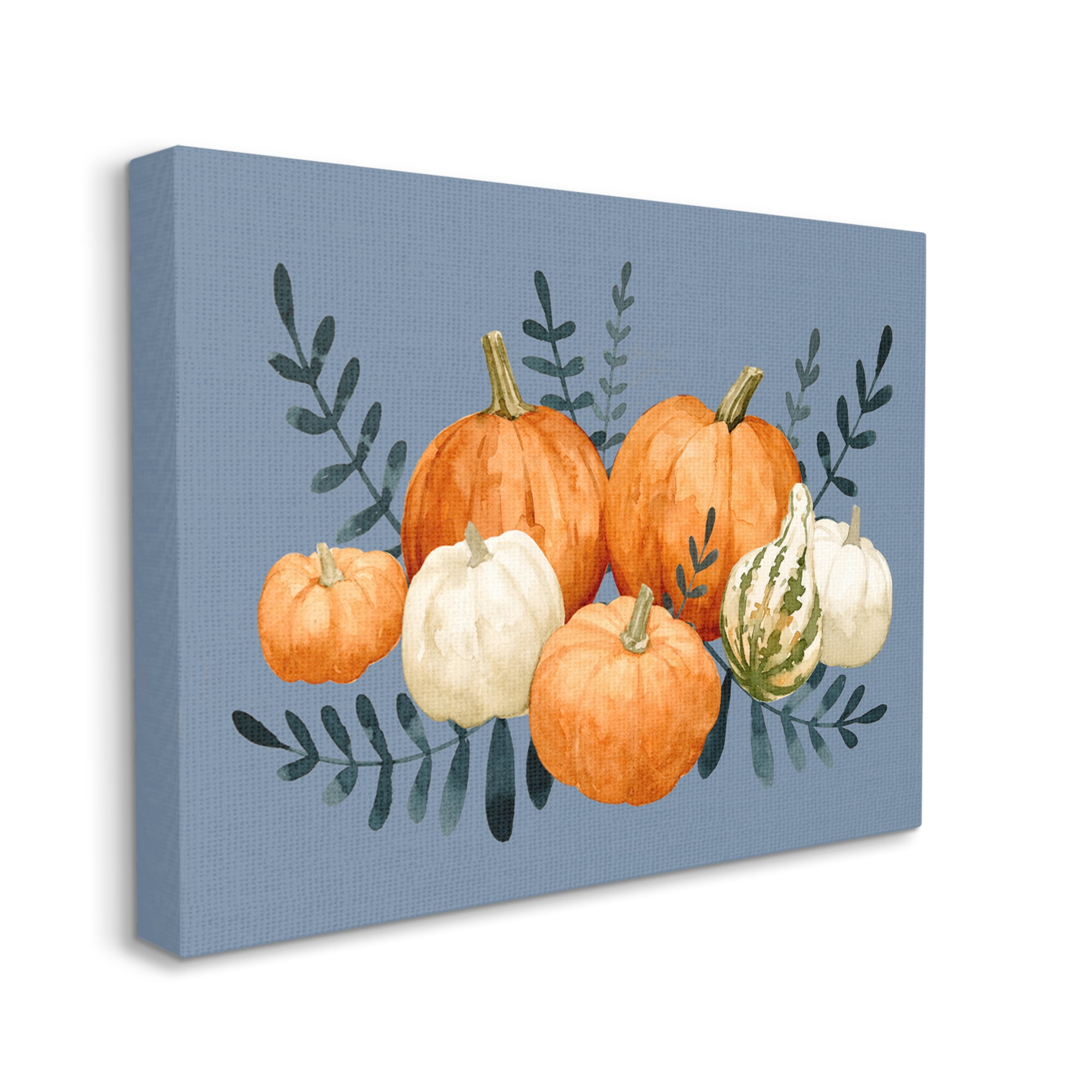 Round Orange Pumpkins Autumn Harvest Plants Leaves Botanical & Floral Painting Gallery-Wrapped Canvas Print Wall Art