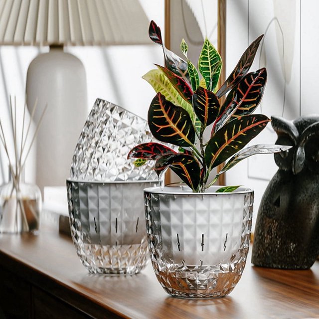 Maceta de autorriego con absorción automática de agua, transparente, de plástico de doble capa, decorativa