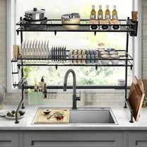 32.3in Double Layers Cutlery Cup Storage Drainer Shelf, Over Sink Dish Drying Rack for Kitchen