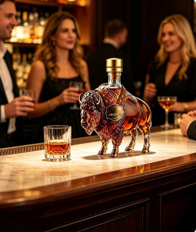 2026 New 3D Rustic Bison Glass Decanter, 10.1oz Liquor Bottle with Leak Proof Cap & Gift Box, Great for Bourbon Home Bar Parties