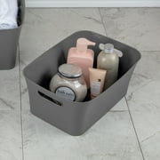 (6 pack) Mainstays Medium Bin, Open Plastic Storage Containers, Versatile Stylish Organizers with Handles, Gray Flannel
