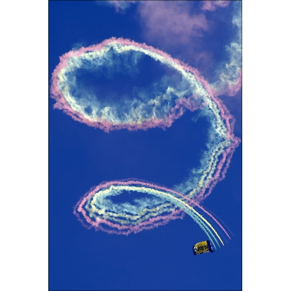 24"x36" Gallery Poster, A member of the U.S. Navy Parachute Team, the Leap Frogs, spirals-down trailing smoke