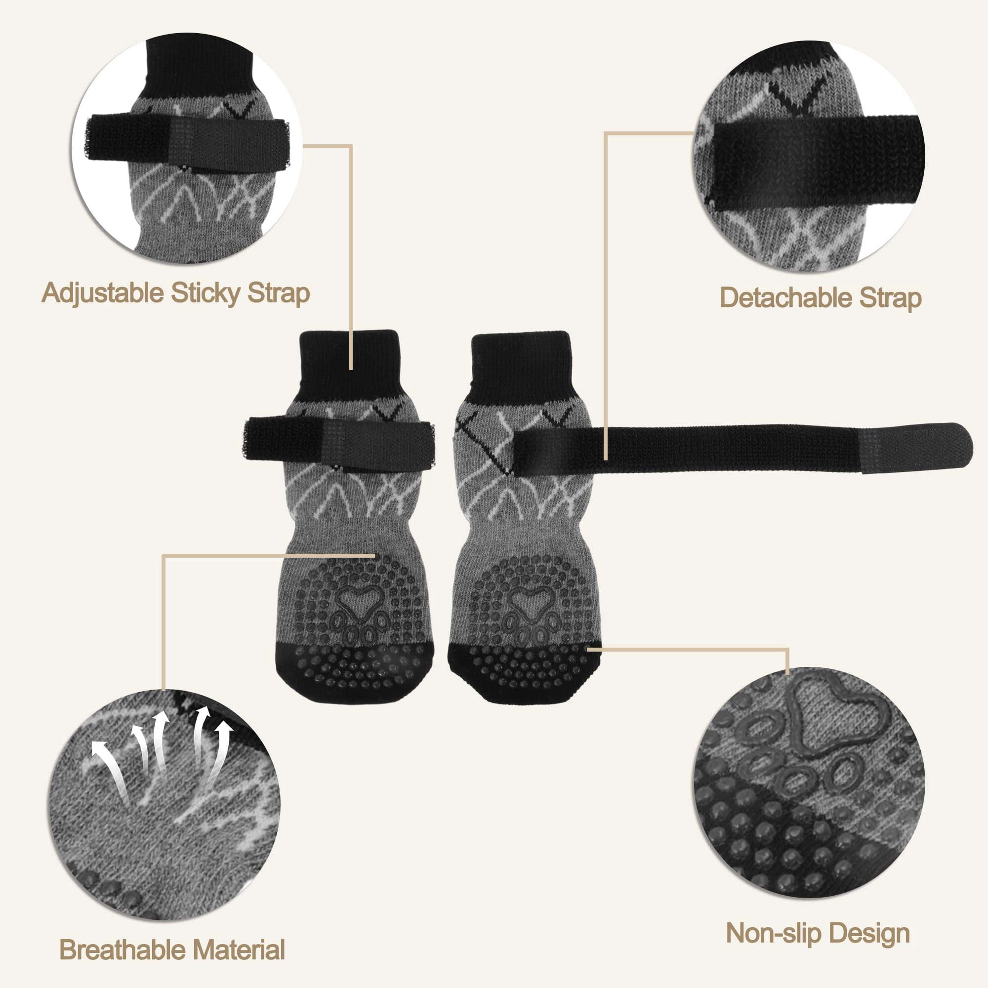 Unique Bargains 4Pcs Non-Slip Dog Socks with Adjustable Tapes Gray L