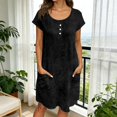 thumbnail image 2 of Laqbezok Women's Cotton Linen Dress, Casual Crew Neck Short Sleeve Loose Sundress with Pockets, Retro Button Henley T-Shirt Dress, 2 of 8
