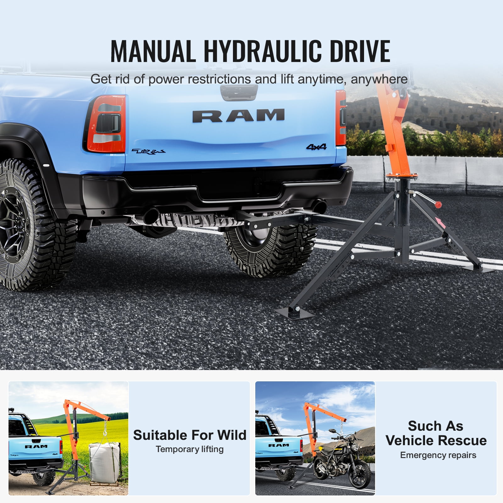 VEVOR Hydraulic Pickup Truck Crane, 1000 lbs Capacity, 360° Swivel, Hitch Mounted Crane with Three Boom Capacities of 500 lbs, 750 lbs & 1000 lbs, for Lifting Goods in Construction, Forestry, Factory
