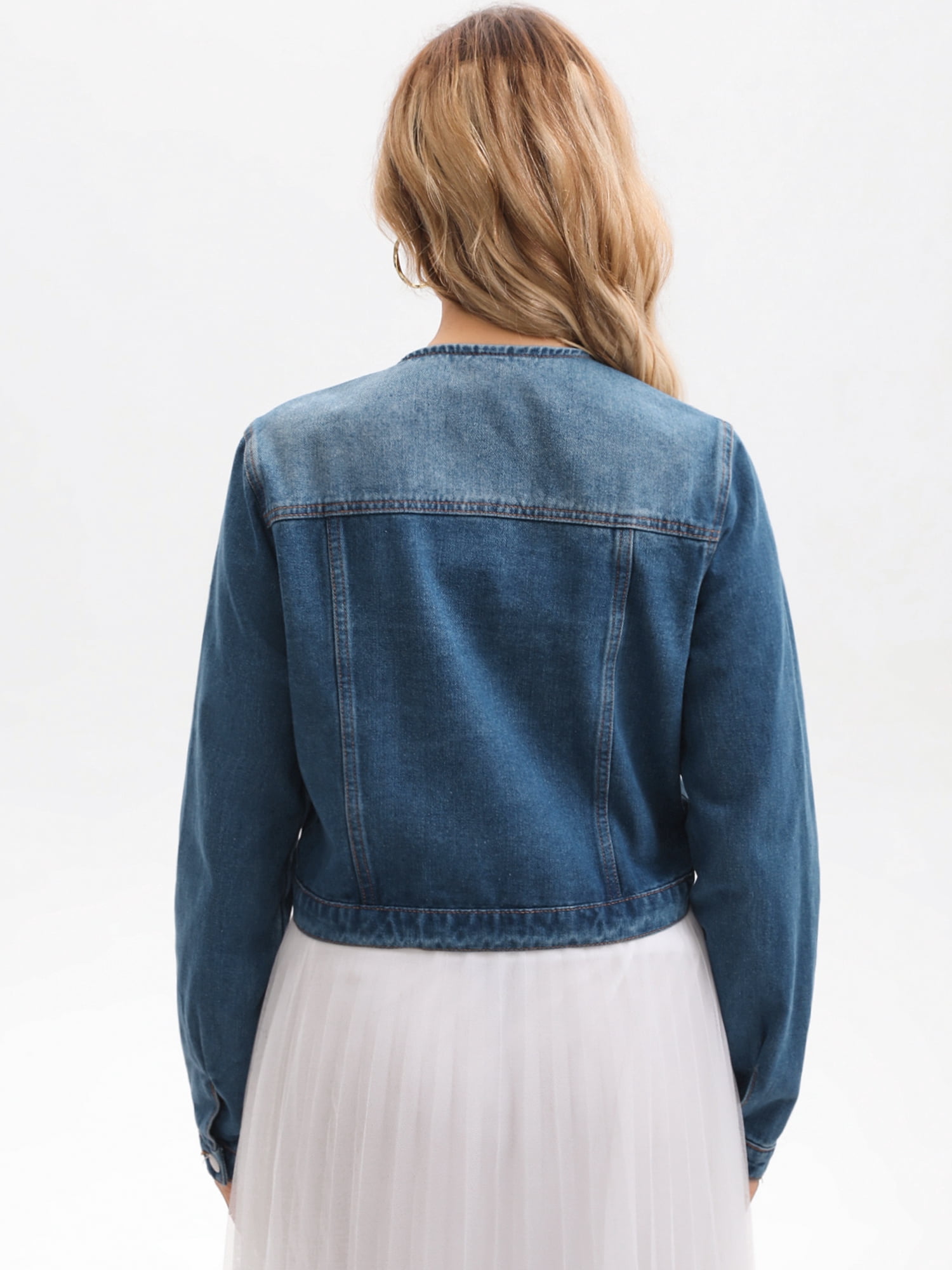 DARING DIVA Women's Collarless Button Down Long Sleeve Denim Jacket M Blue