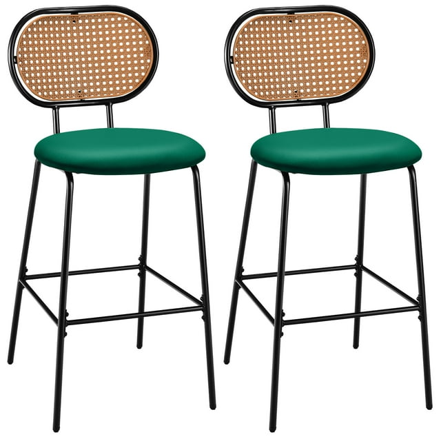 Costway Set of 2 Bar Stools Faux Leather Bar Height Kitchen Chairs with Rattan Back Green