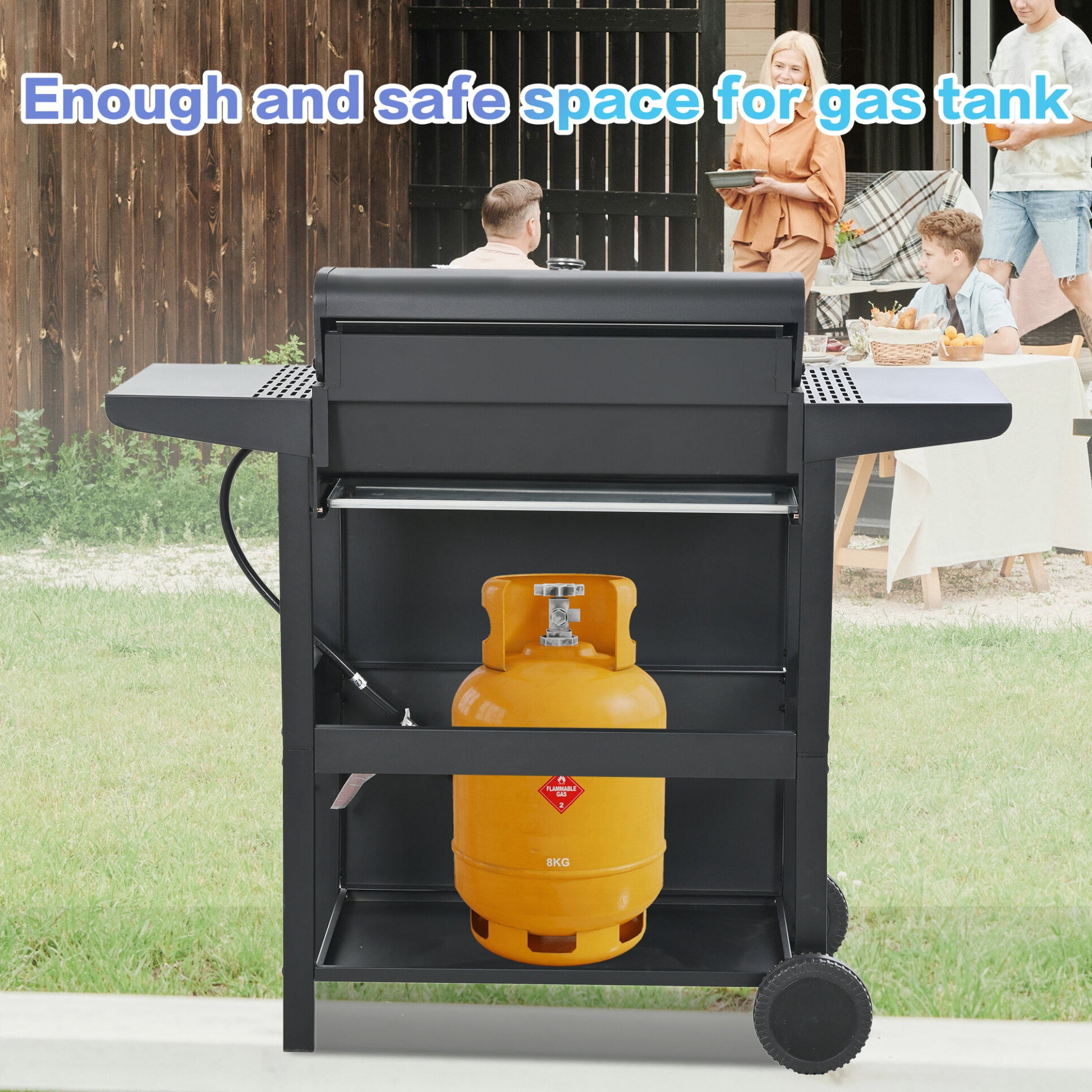4-Burner Propane Gas Grill with 2 Side Shelves,  34,000 BTU Patio Garden Barbecue Grill with Lid, Wheels and Bottle Opener for Outdoor, Camping, Black