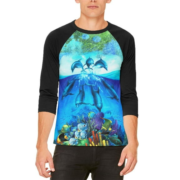 Dolphins Jumping Over Reef Mens Raglan T Shirt White-Black X-LG