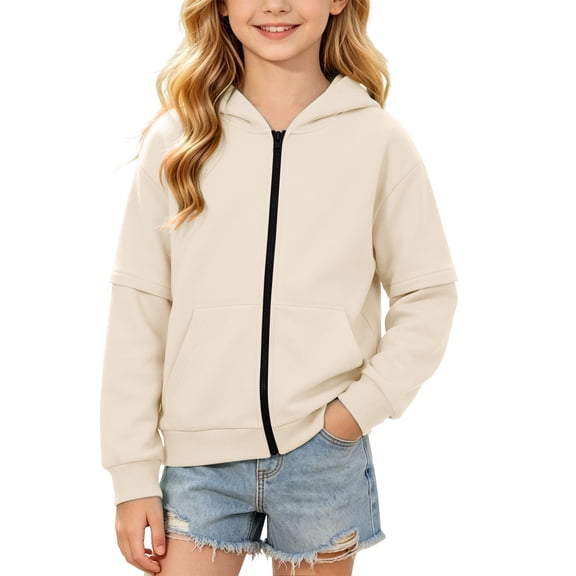 Fesfesfes Girls Full Zip Hoodie Long Sleeve Solid Color Sweatshirt Jacket with Pockets, Casual Hooded Top for Kids School Daily Wear Ages 4-15 Years
