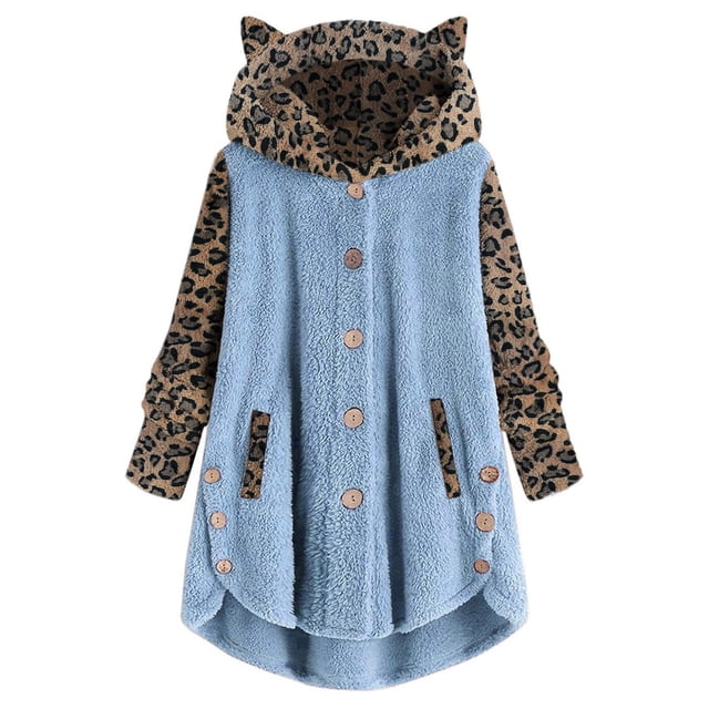 Ropa Kawaii para mujer, Sudadera con capucha de estilo lindo, chaqueta con orejas de gato, manga larga abotonada, retales con estampado de leopardo, estampado de leopardo