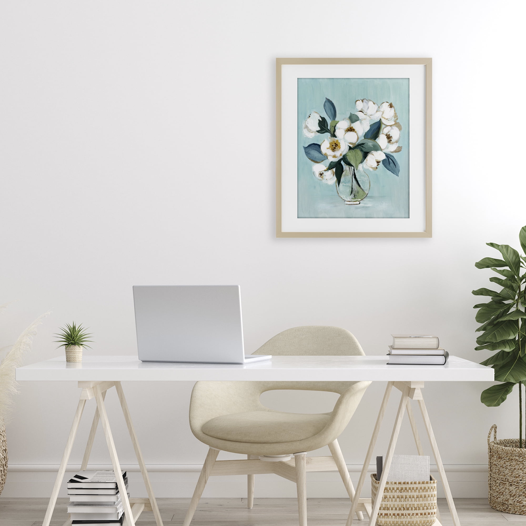 Stupell Industries Magnolia Arrangement over Blue Birch Framed Print Under Glass, design by Janet Tava