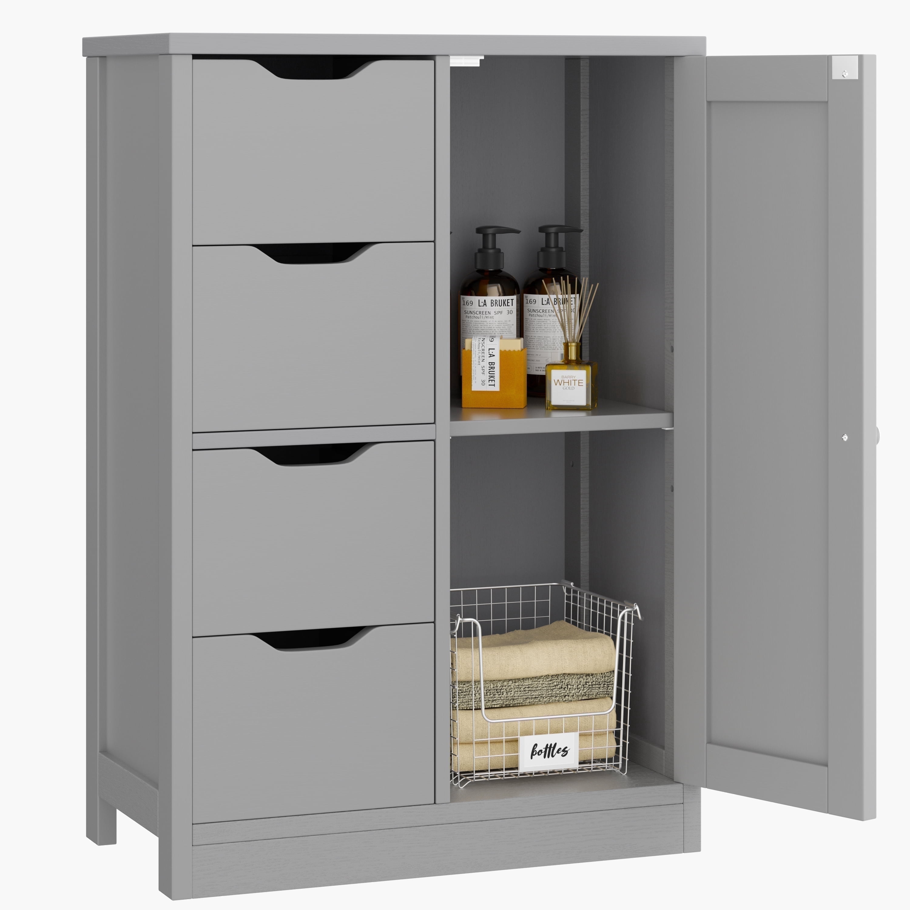 Walsunny Bathroom Floor Cabinet Storage Organizer Freestanding Wooden Cupboard with Door Drawers Adjustable Shelf for Small Spaces Laundry Room Kitchen Living Room Bedroom Home Office,Gray