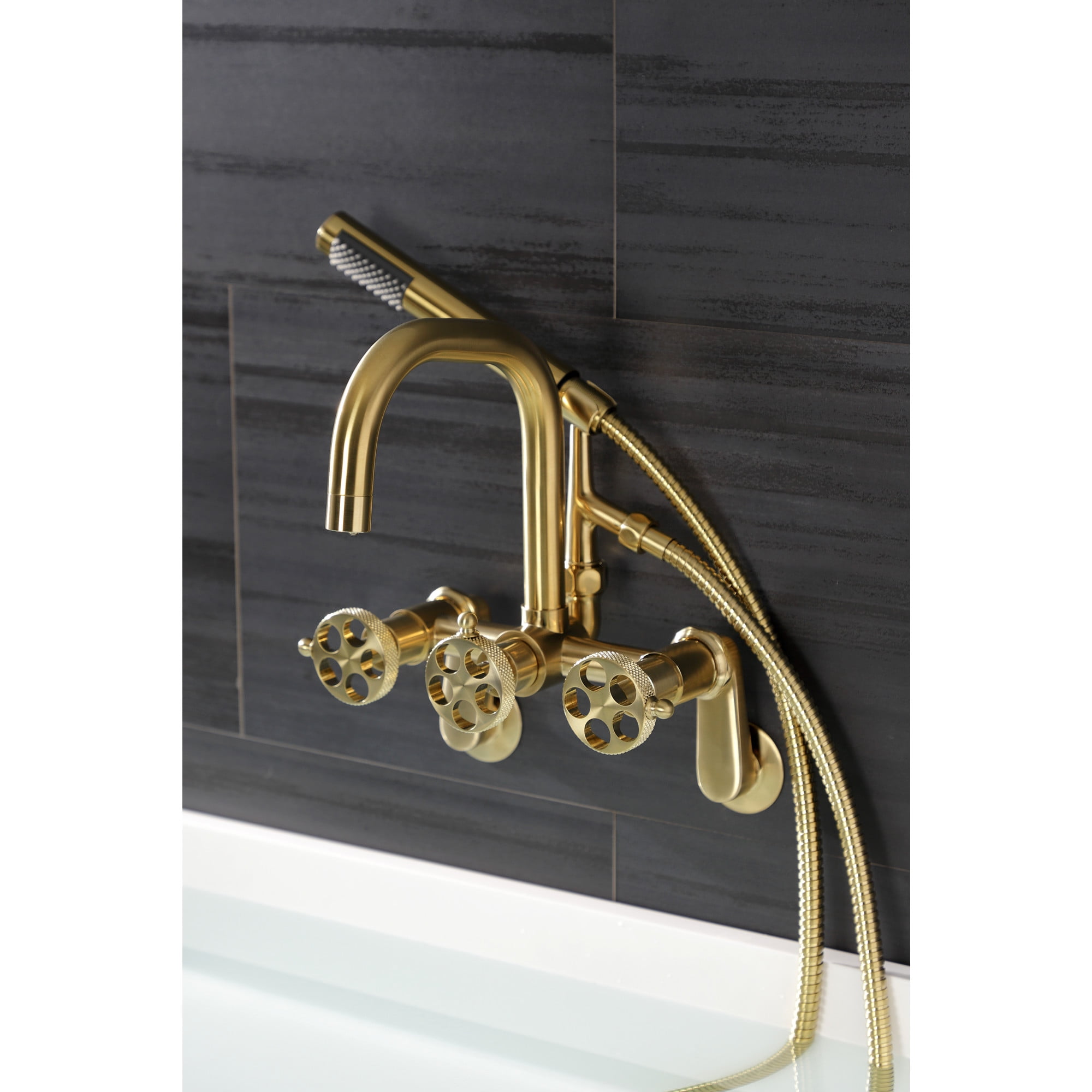 Kingston Brass AE8457RKX Webb 7-Inch Adjustable Wall Mount Clawfoot Tub Faucet with Knurled Handle and Hand Shower, Brushed Brass