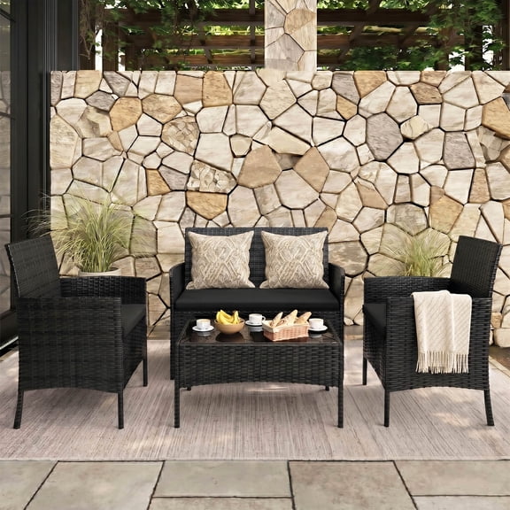 Tappio 4 Piece Patio Conversation Wicker Furniture Set, Porch Furniture Outdoor Sectional Furniture Set w/Side Table & Cushions, Wicker Sofa Garden Conversation Set for Yard Pool Backyard,Black/Black