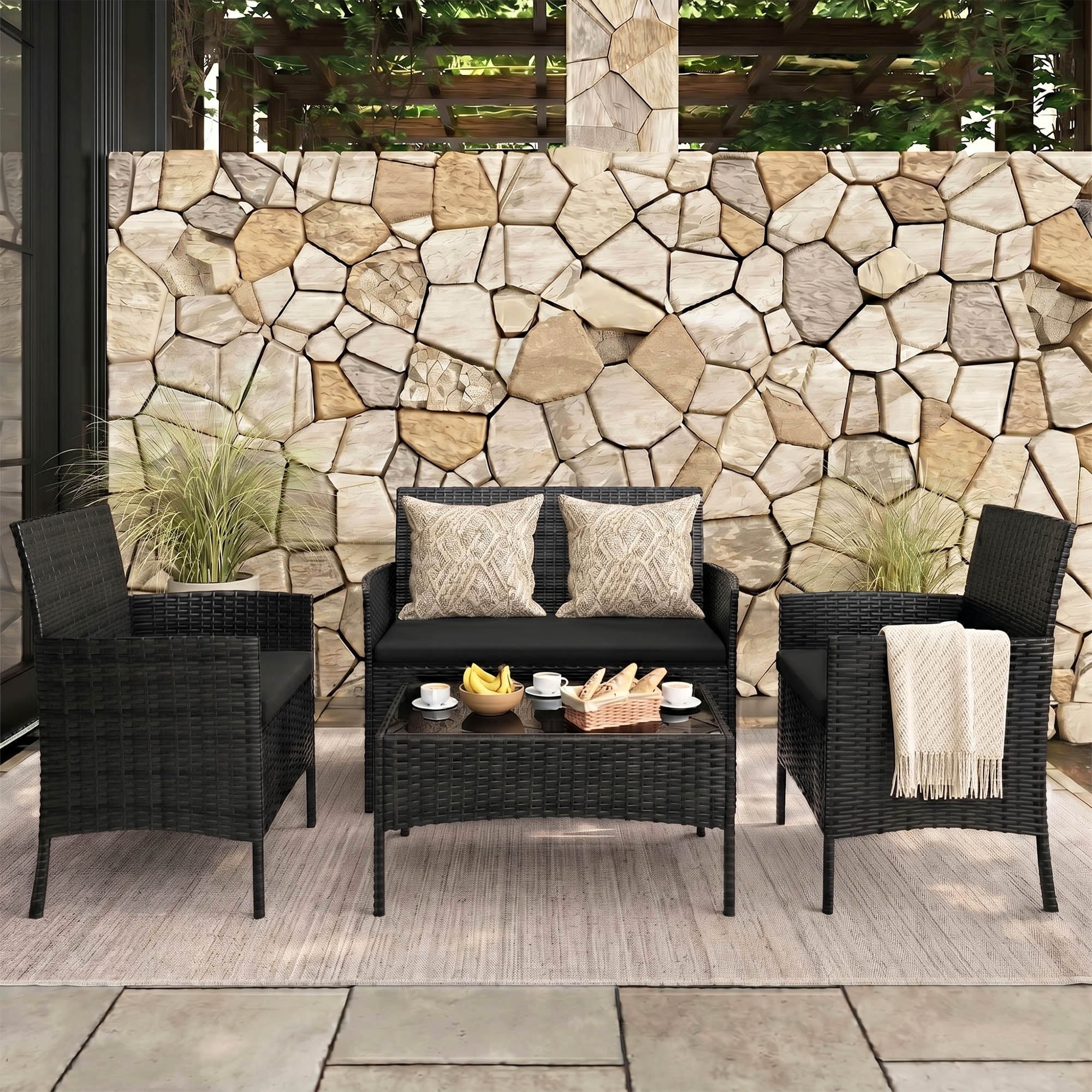 Tappio 4 Piece Patio Conversation Wicker Furniture Set, Porch Furniture Outdoor Sectional Furniture Set w/Side Table & Cushions, Wicker Sofa Garden Conversation Set for Yard Pool Backyard,Black/Black
