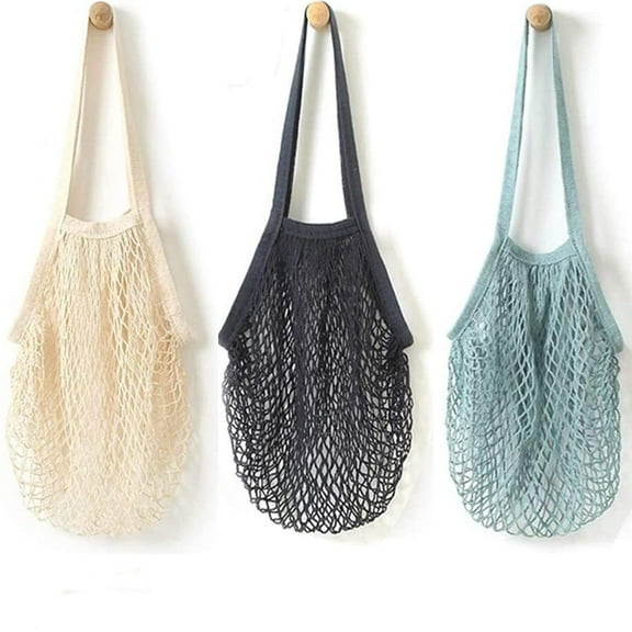 Reusable Produce Bags Cotton Mesh Grocery Bags,Washable Portable Vegetable Bag, 100% Cotton Mesh String Organizer Shopping Bag Handle Net Tote(3 Piece)