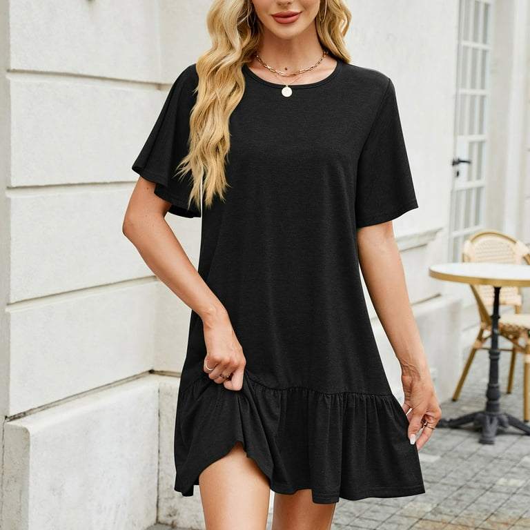 Zzwxwa Women's Short Puff Sleeve Ruffle Hem Mini Dress Casual Round Neck Solid Smock Dress Summer Loose Dresses Womens Sundress, Size: Medium-M, Black