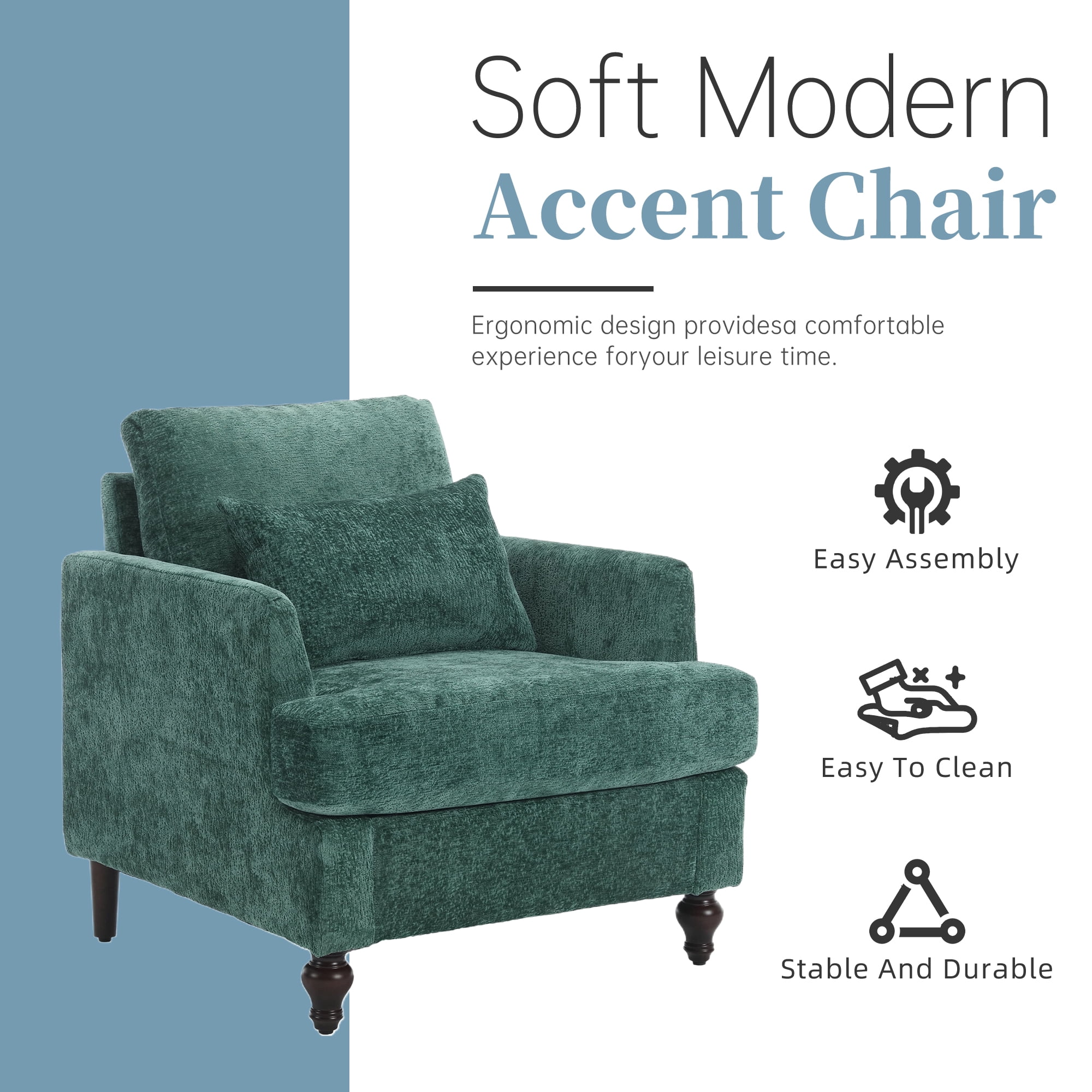 MOONMISS Chenille Upholstered Mid Century Modern Wood Frame Armchair-EMERALD