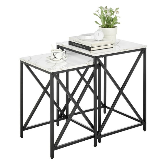 Danya B. Modern Square Marble Finish Veneer Top Black Metal Frame Nesting End Tables - White Marble Set of 2
