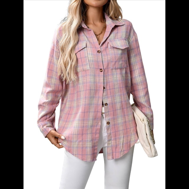 Camisa Abotonada para Mujer, Camisa A Cuadros, Larga, Solapa, Informal, para Negocios, Trabajo Rosa XL
