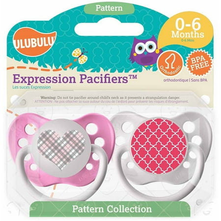 Ulubulu Pink Plaid Heart/Pink Moroccan Pacifiers, 0-6 Months, 2-Pack