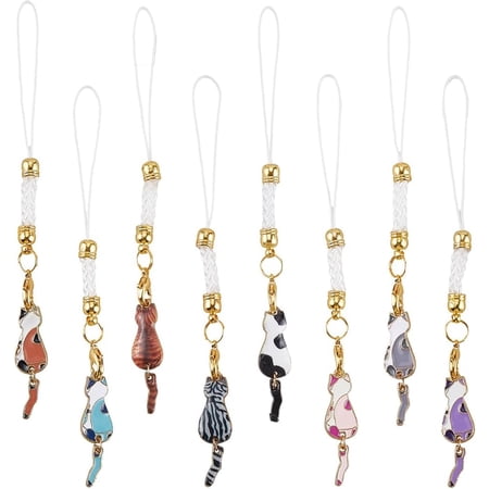 1 Box 16Pcs 8 Colors Cute Cellphone Charms Cat Phone Charms Strap Enamel Metal Animal Back Print Hanging Lanyard for Mobile Phone Diy Wallet Camera Keychains Decor Craft Supplies Women Adult Colorful