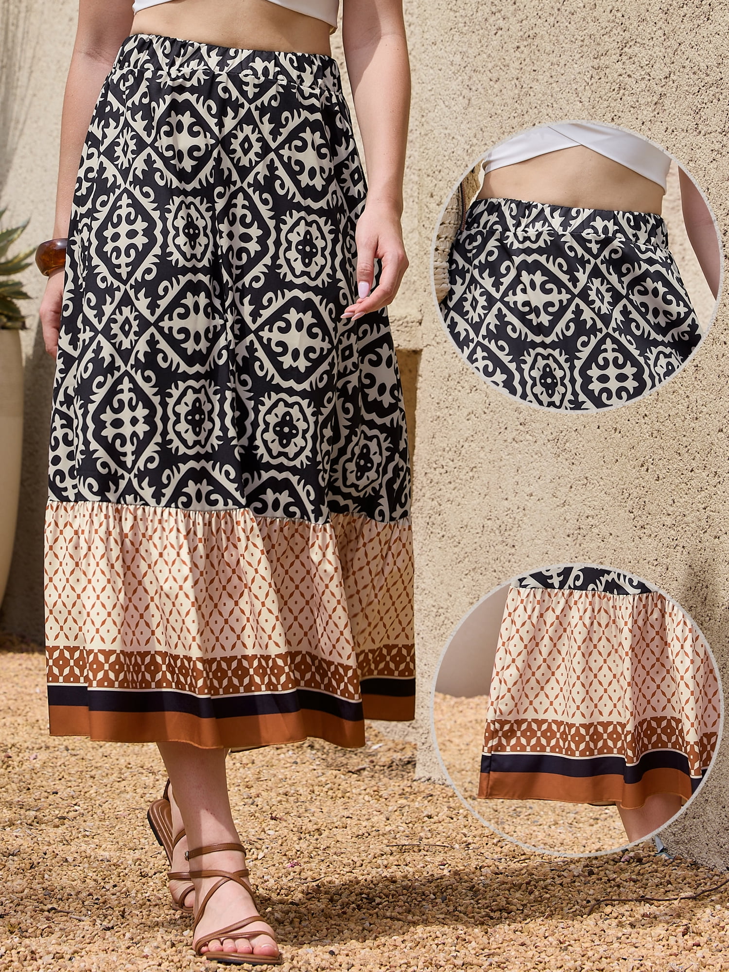 DARING DIVA Women's Summer Beach Graphic Midi Western Skirts Large Black