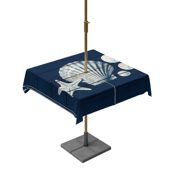 Square Outdoor Tablecloth with Umbrella Hole Retro Conch Table Cloth Waterproof Patio Table Cover Beachfish Coastal Marine Life Blue Wooden Zipper Tablecloths for Picnic Party Camping 54x54 Inch