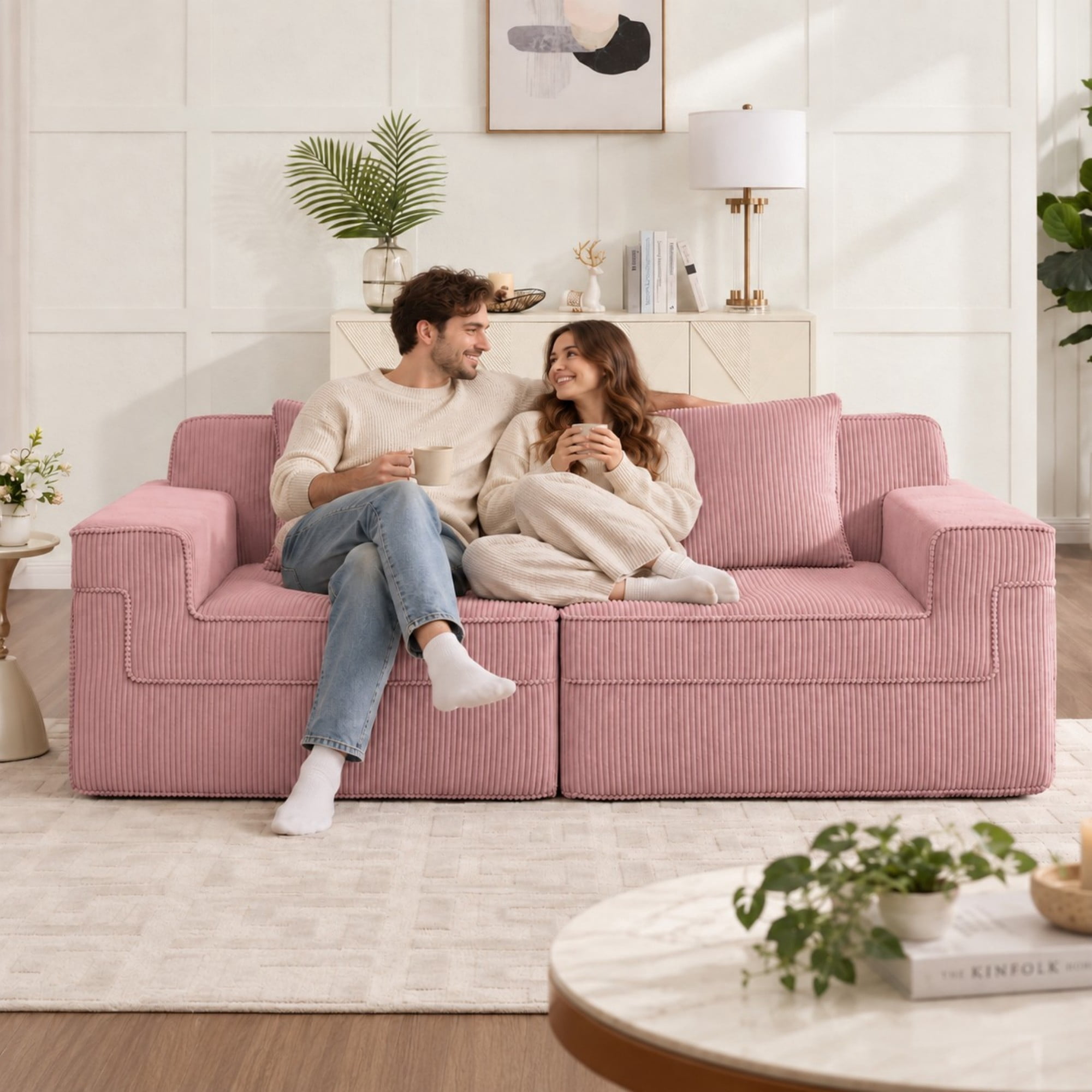 DEALTOPS 81" Modern Corduroy Floor Sofa, Modular 2-Seater Cloud Couch with Deep Seats & 2 Pillows, Pink