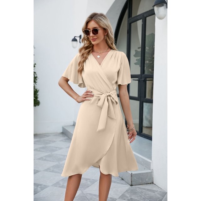 HH 2023 Summer Women's Satin V-neck Fitted Waist Flare-Sleeve Comfortable Sexy Dress New