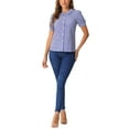 thumbnail image 2 of Camisa de cuadros para mujer INSPIRE CHIC con cuello Peter Pan, mangas cortas abullonadas, blusa de botones a cuadros XL azul, 2 of 6