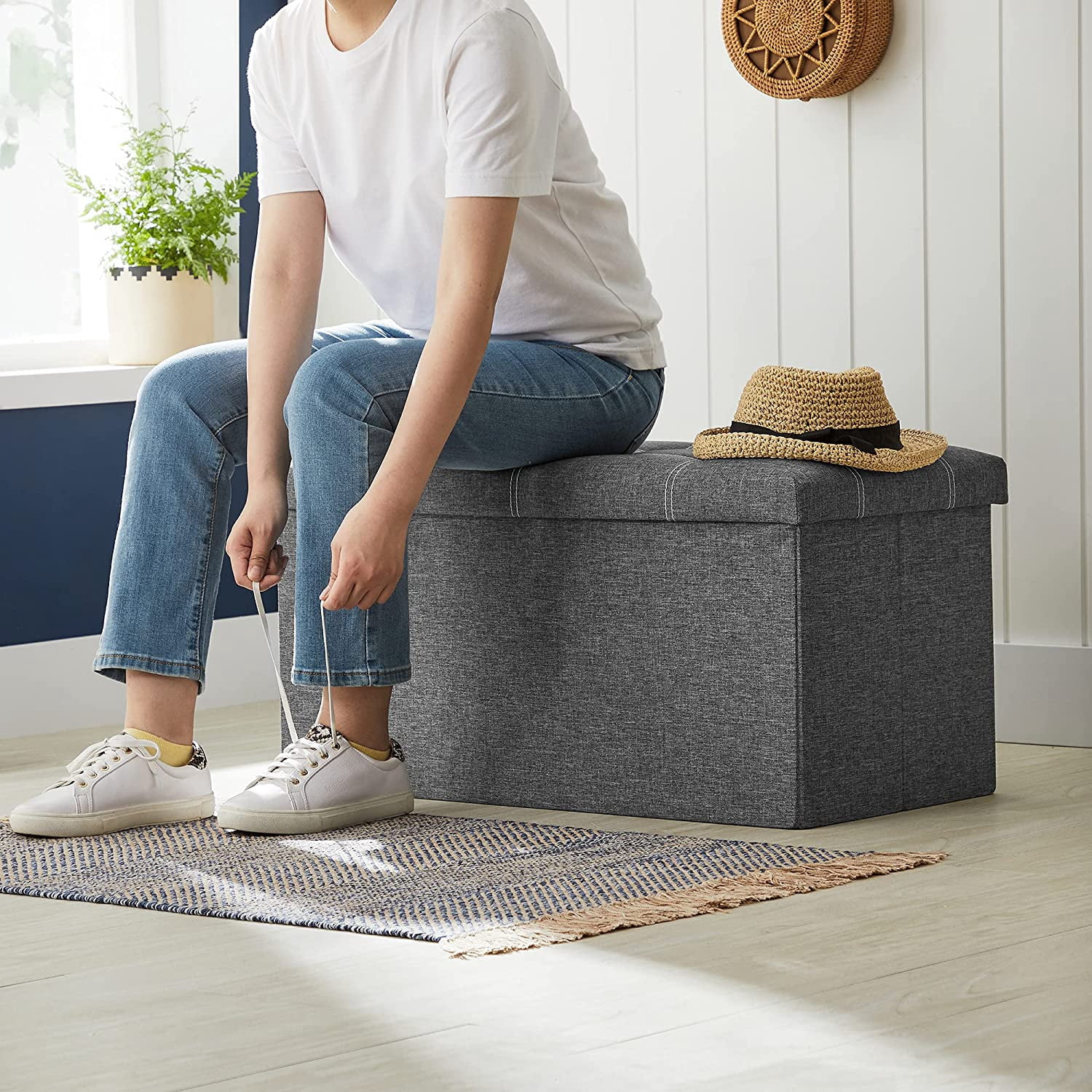 SONGMICS 30" Ottoman Footstool Storage Ottoman Bench Holds 660 lb Folding Ottoman with Storage for Living Room Dark Gray