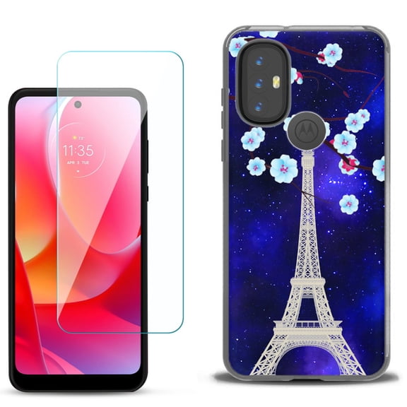 Slim-Fit Gel TPU Phone Case for Motorola Moto G Power 2022, with Tempered Glass Screen Protector, by OneToughShield ® - Eiffel Tower Stars