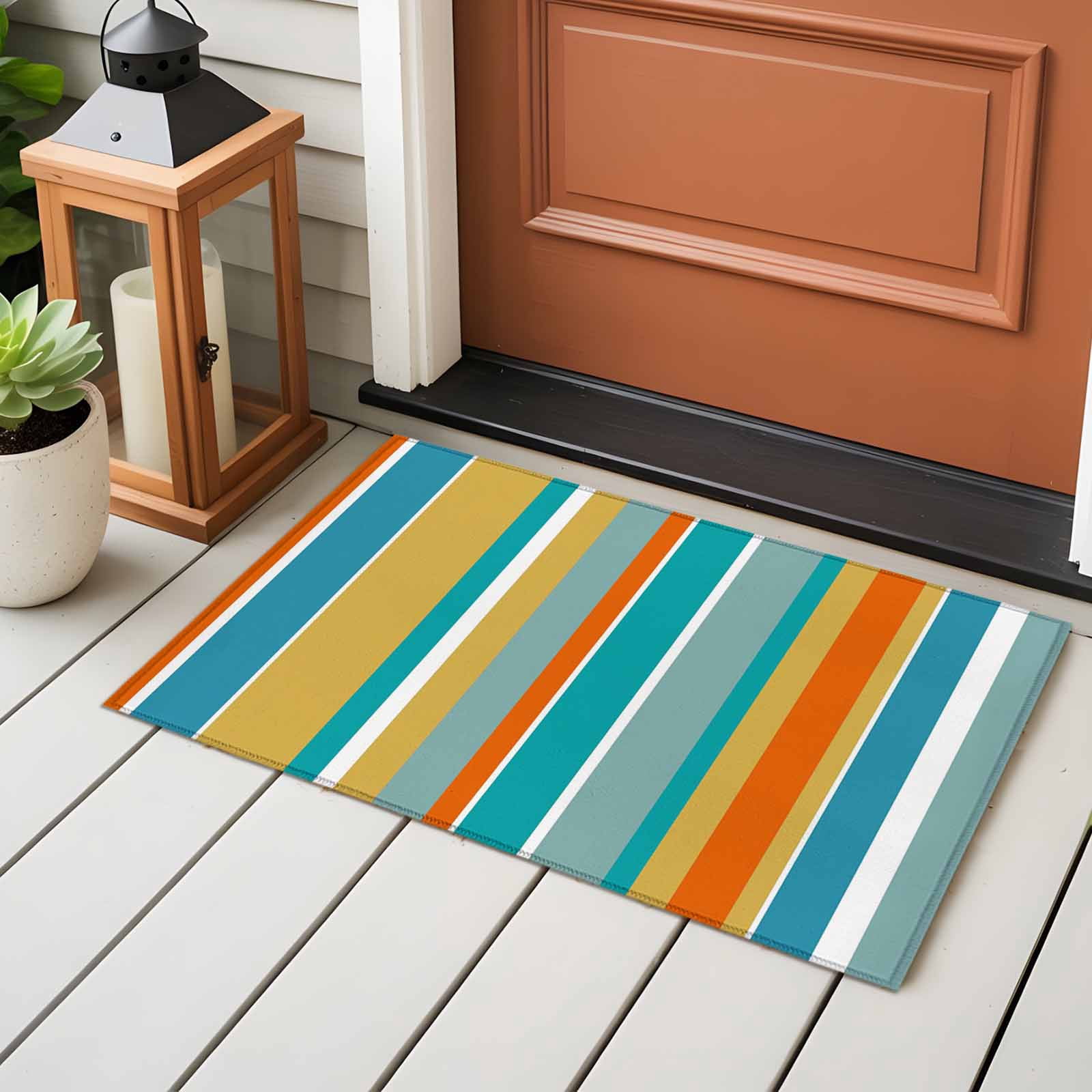 Blue Teal Orange Striped Entryway Rug 2'x3'&nbsp; Non Slip Front Door Mats, Farmhouse Stripe Entrance Rugs Indoor Outdoor Carpet, Washable Floor Mats Small Area Rug for Bedroom Kitchen