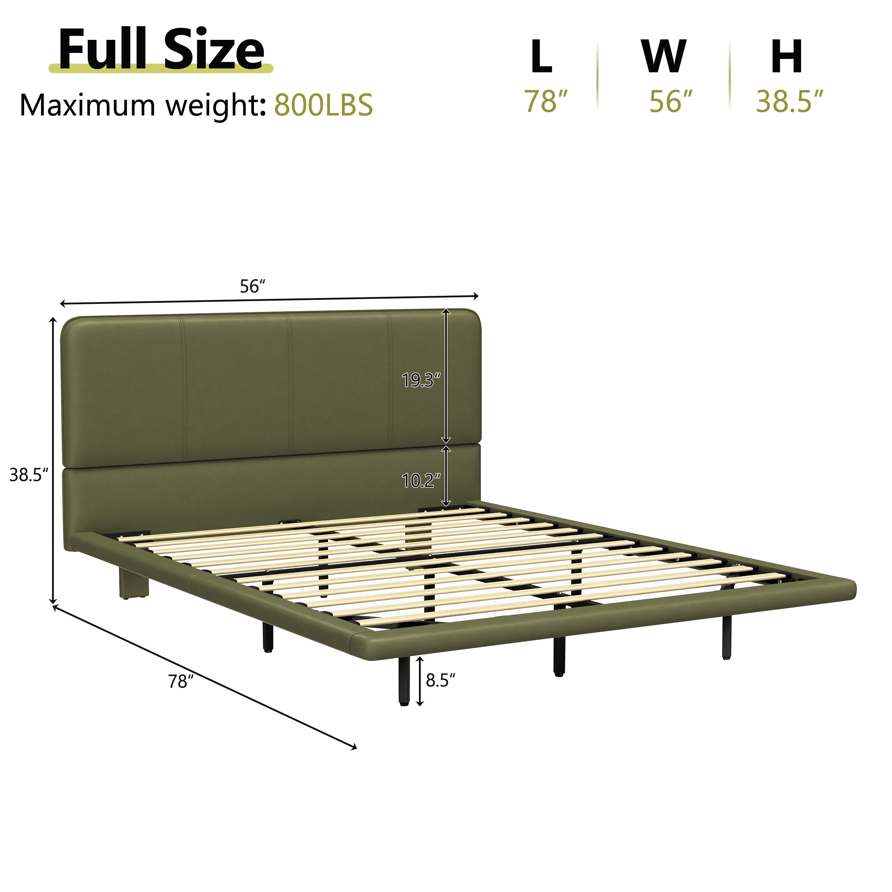 Alvantor Full Size Floating Bed Frame with LED Lights, Upholstered Leather Platform Bed for Bedroom Green